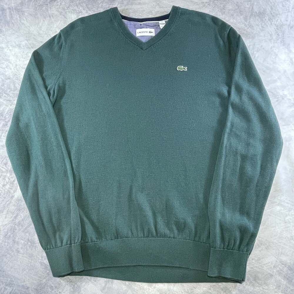Lacoste Men's Dark Green V-Neck 100% Cotton Sweater Size Large
